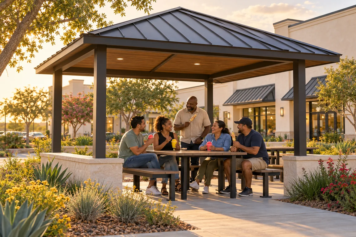 Illustrative planned gazebo scene with neighbors enjoying raspas and corn together.