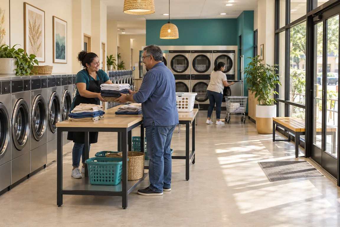 Illustrative planned laundromat interior with bright, clean laundry space and turquoise accents.
