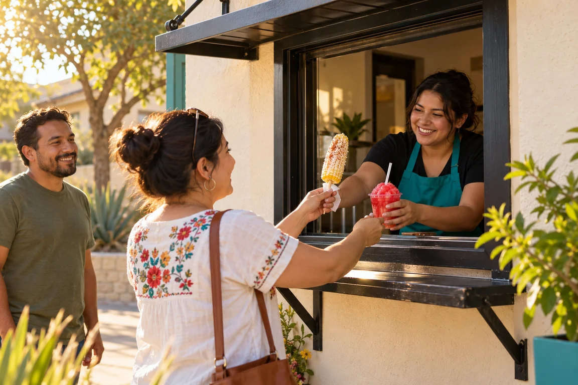 Illustrative planned service window scene with an attendant handing over elote and a raspa.