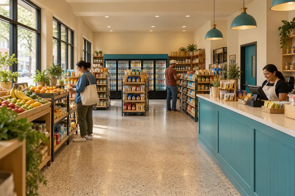 Illustrative planned neighborhood store interior with welcoming aisles and teal accents.