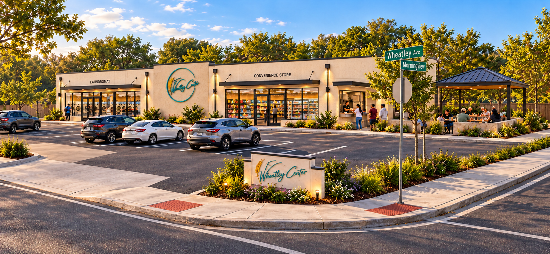 Artist’s rendering of the planned Wheatley Center with a cream-colored store and laundromat, teal signage, a service window, a gazebo, landscaping, and parking at Wheatley Avenue.
